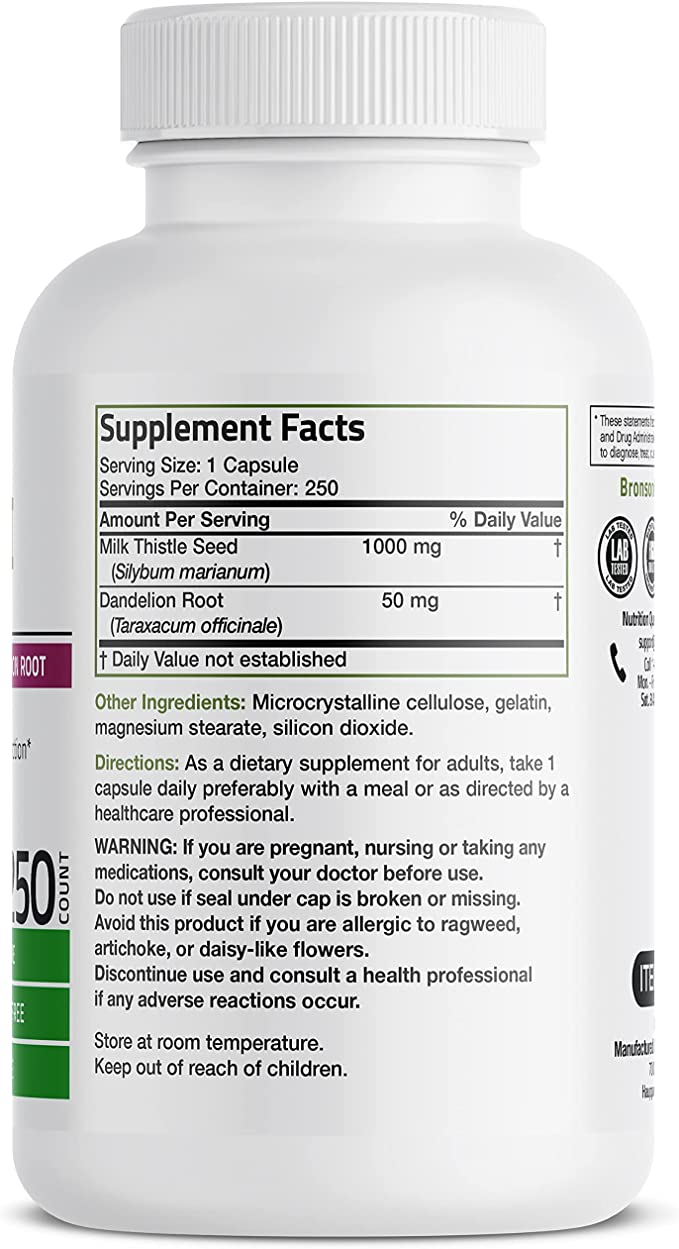 Bronson Milk Thistle 1000mg Silymarin Marianum and Dandelion Root Liver Health Support 250 Capsules
