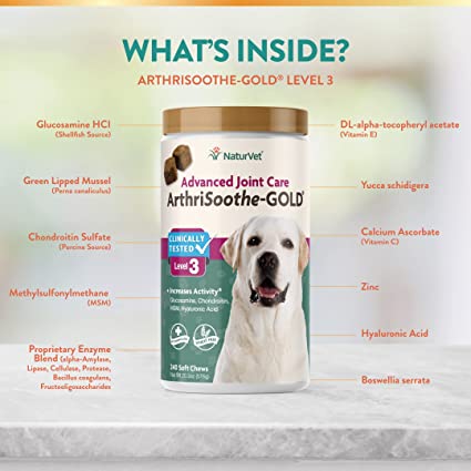 NaturVet Arthrisoothe Glucosamine for Dogs – Dog Supplement with Glucosamine, MSM, Chondroitin and Hyaluronic Acid – ArthriGold Level 3 – 240 Soft Chews