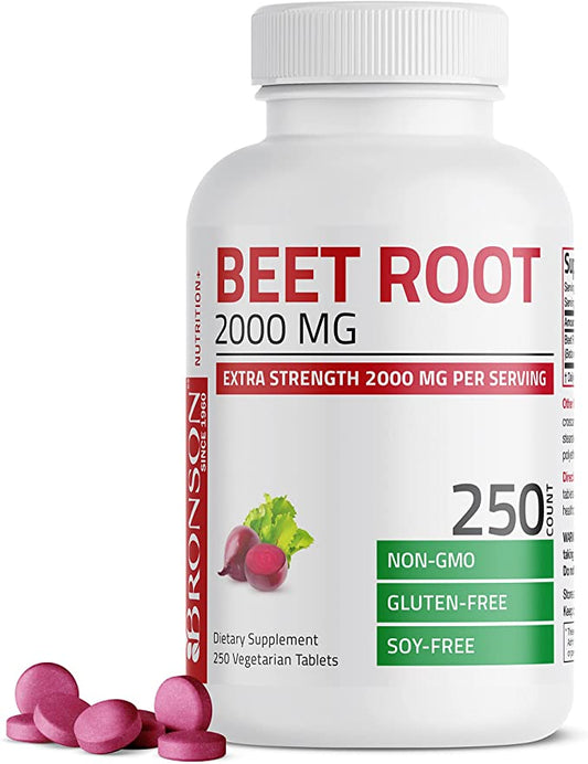 Bronson Beet Root 2000mg Extra Strength 2000mg Per Serving, Promotes Healthy Circulation Supports Heart Health and Stamina, Non-GMO, 250 Vegetarian Tablets