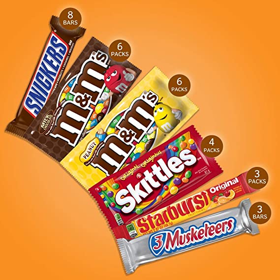 M&M'S, SNICKERS, 3 MUSKETEERS, SKITTLES and STARBURST Full Size Chocolate Candy Variety Mix 56.11-Ounce 30-Count Box