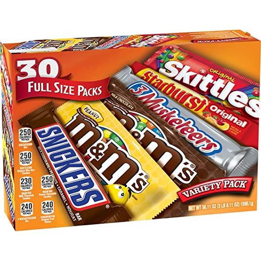 M&M'S, SNICKERS, 3 MUSKETEERS, SKITTLES and STARBURST Full Size Chocolate Candy Variety Mix 56.11-Ounce 30-Count Box