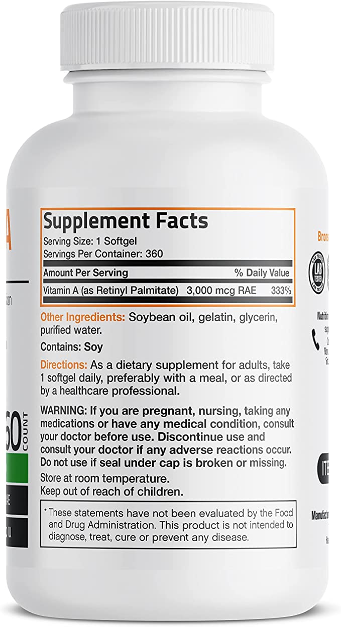 Bronson Vitamin A 10,000 IU Premium Non-GMO Formula Supports Healthy Vision and Immune System and Healthy Growth and Reproduction, 360 Softgels