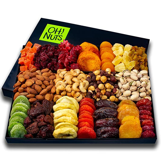 Oh! Nuts - XL 18 Variety Nut and Dried Fruit Basket | Gourmet Holiday Kosher Gift Box - Food Snack Box for Birthday, Anniversary, Corporate Gift for Men, Women, Mom, Dad