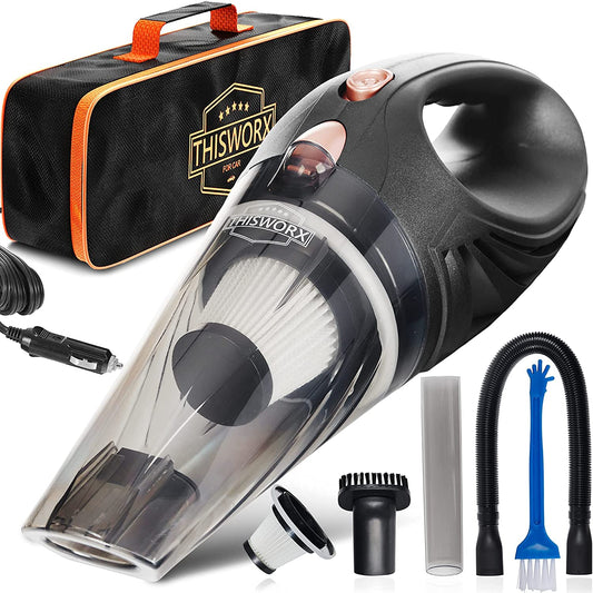 ThisWorx Car Vacuum Cleaner - Car Accessories - Small 12V High Power Handheld Portable Car Vacuum w/Attachments, 16 Ft Cord and Bag - Detailing Kit Essentials for Travel, RV Camper