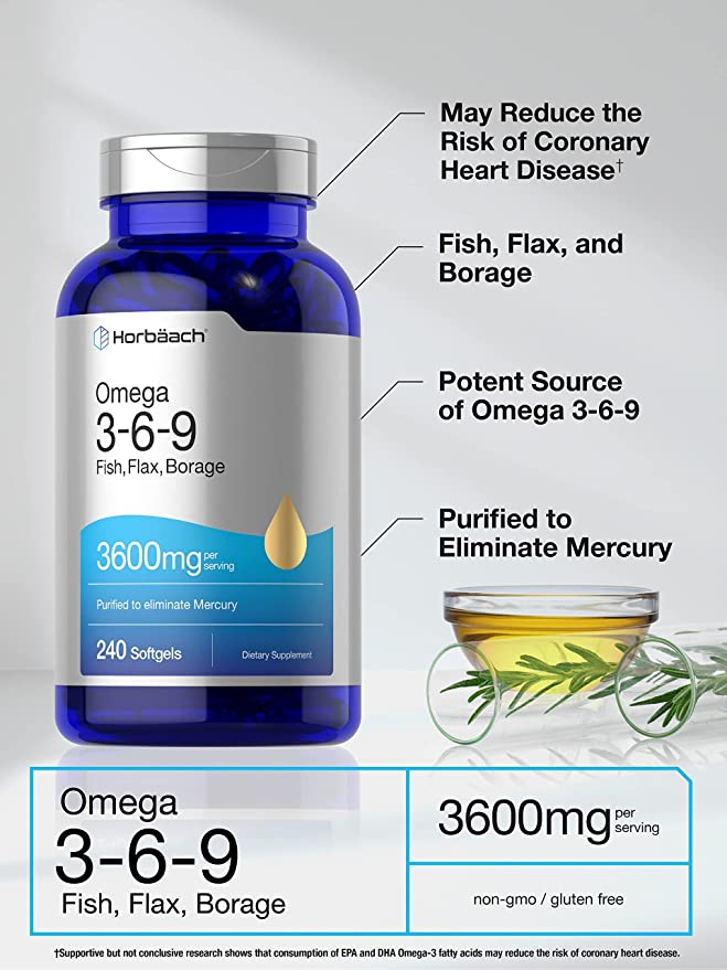 Triple Omega 3-6-9 240 Softgels | from Fish, Flaxseed, Borage Oils | Non-GMO and Gluten Free | by Horbaach