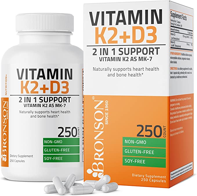 Bronson Vitamin K2 (MK7) with D3 Supplement Non-GMO Formula 5000 IU Vitamin D3 and 90 mcg Vitamin K2 MK-7 Easy to Swallow Vitamin D and K Complex, 250 Capsules