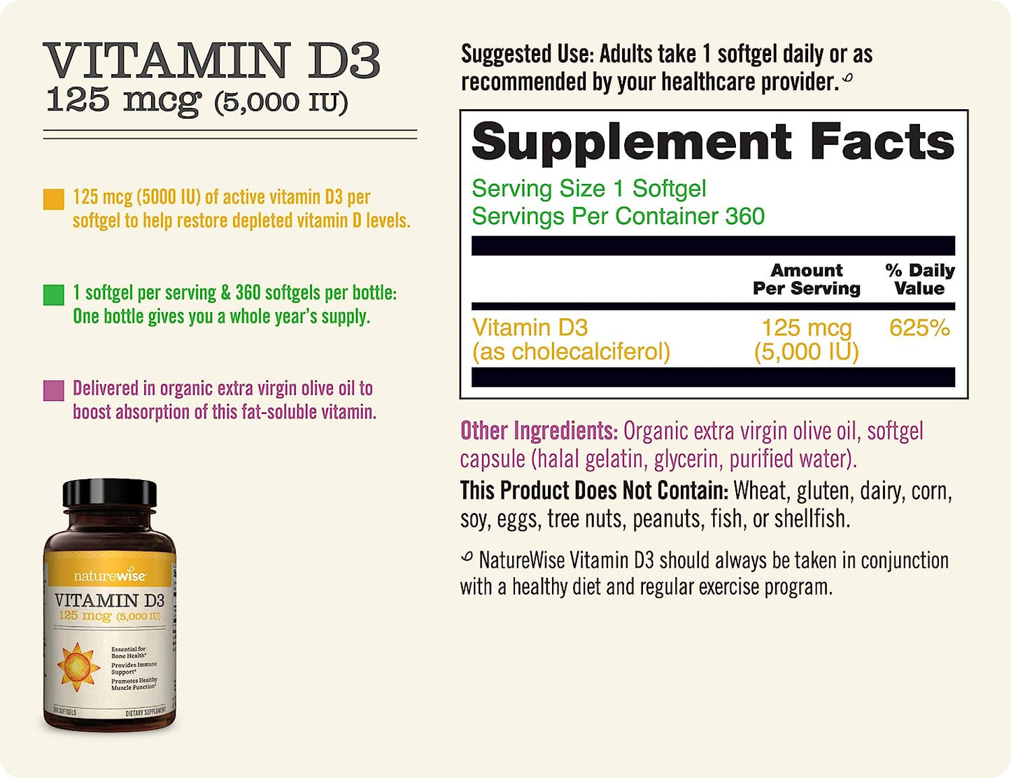 NatureWise Vitamin D3 5000iu (125 mcg) 1 Year Supply for Healthy Muscle Function, and Immune Support, Non-GMO, Gluten Free in Cold-Pressed Olive Oil, Packaging Vary ( Mini Softgel), 360 Count Visit the NatureWise Store