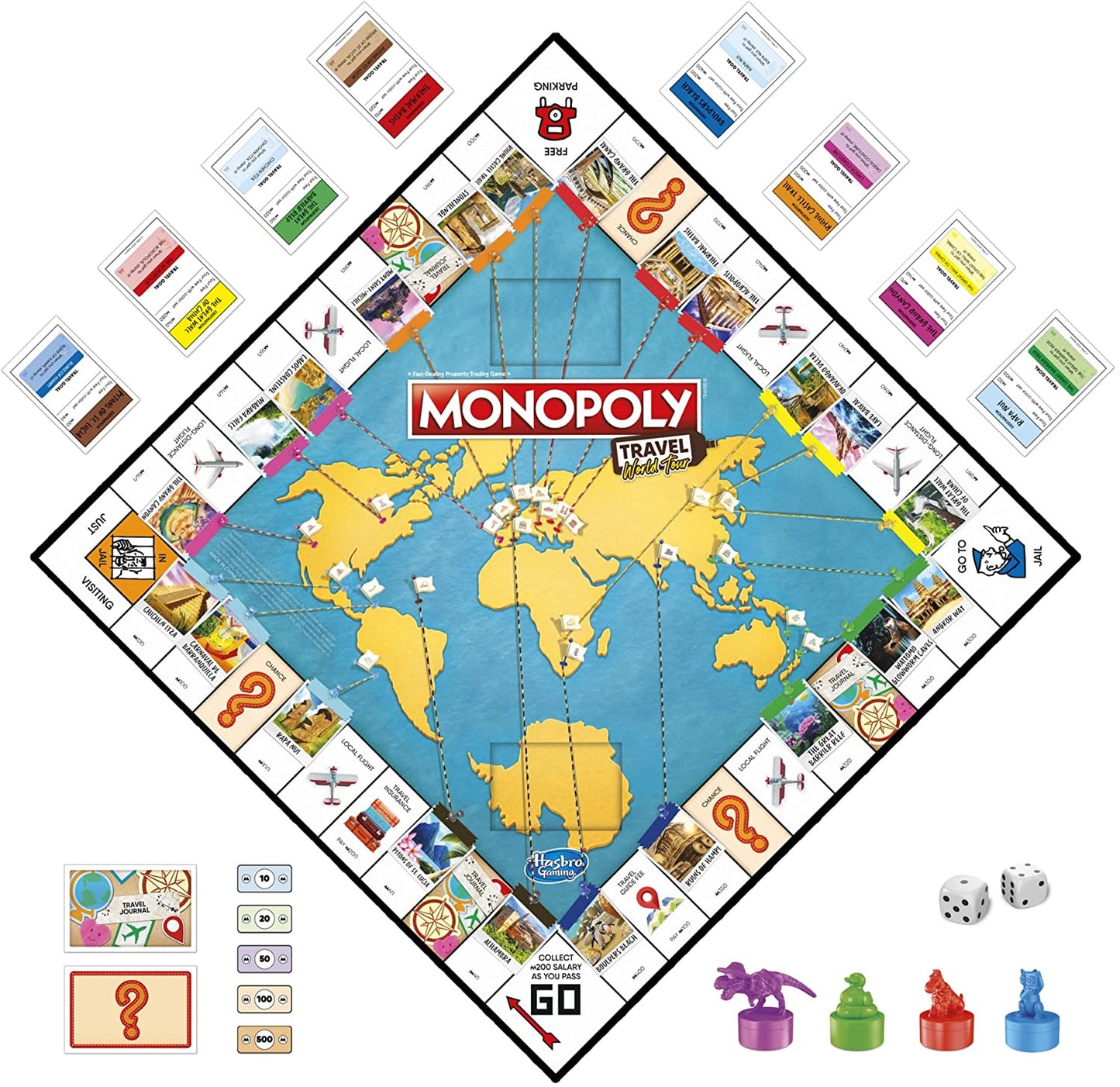 Monopoly World Tour Board Game with Token Stampers and Dry-Erase Gameboard for Family Game Night