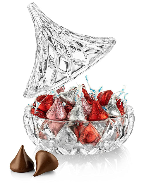 Hershey Kisses Valentine’s Day - 1 Pounds with Clear Crystal Hershey's Kiss Candy Dish - Individually Wrapped Hershey Kisses Milk Chocolate - Best Gift Idea (Red, Pink & Silver Foil)
