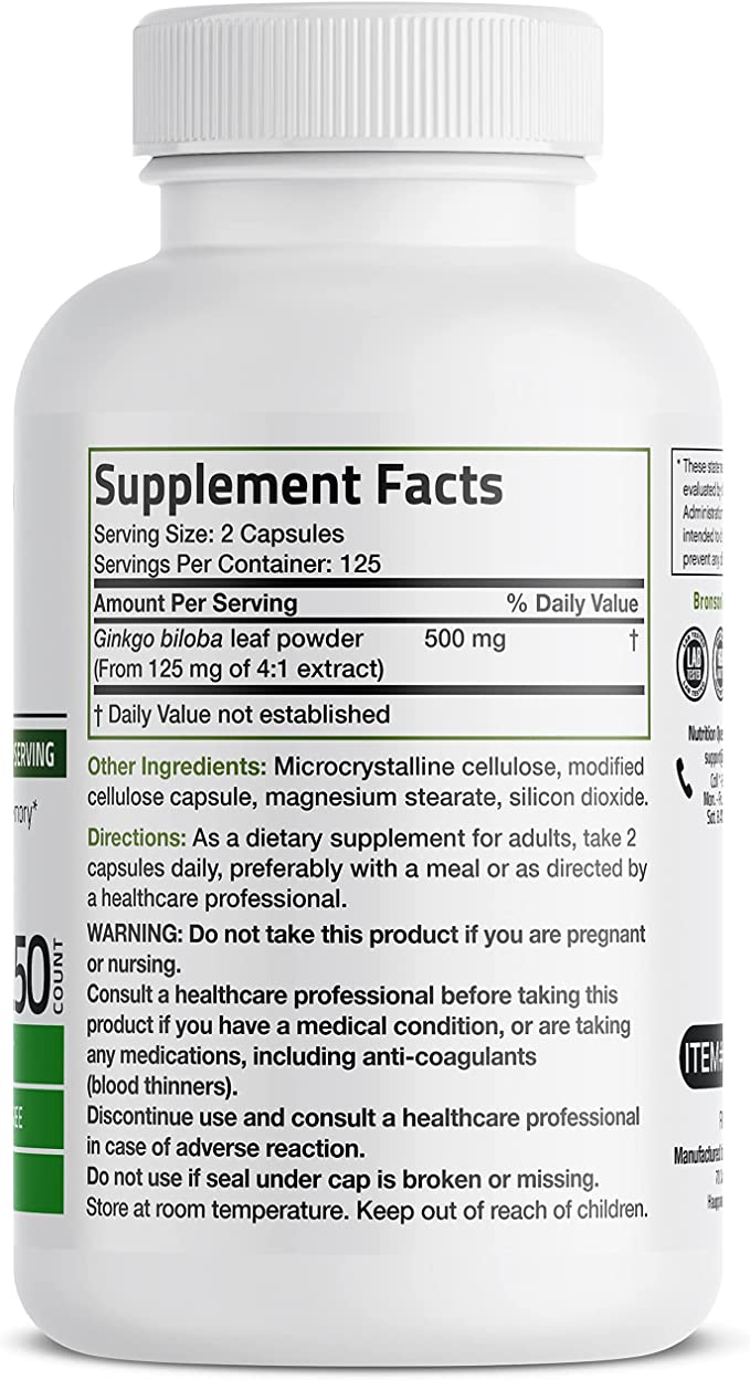 Bronson Ginkgo Biloba 500mg Extra Strength 500mg per Serving - Supports Brain Function and Memory Support, 250 Vegetarian Capsules