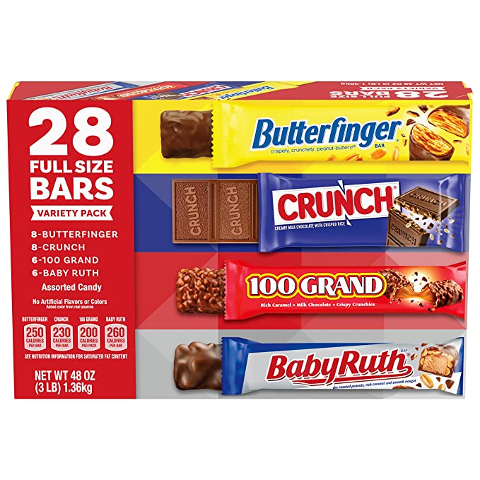 Butterfinger, CRUNCH, Baby Ruth and 100 Grand—Assorted Full Size Chocolate Candy Bars—Great for Halloween Candy—48 oz—Bulk 28 Pack