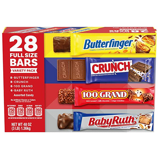 Butterfinger, CRUNCH, Baby Ruth and 100 Grand—Assorted Full Size Chocolate Candy Bars—Great for Halloween Candy—48 oz—Bulk 28 Pack