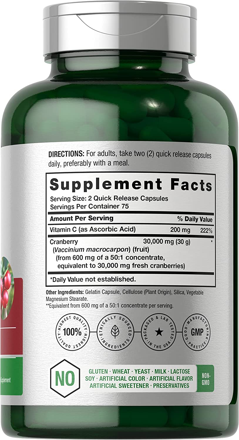 Cranberry Concentrate Extract + Vitamin C | 30,000mg | 150 Capsules | Triple Strength Ultimate Potency Formula | Non-GMO and Gluten Free Cranberry Pills Supplement | by Horbaach
