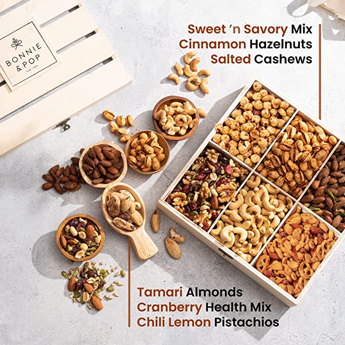Nut Gift Basket, in Reusable Wooden Crate, Healthy Gift Option, Gourmet Snack Food Box, with Unique Flavors, Great for Easter, Mom, Dad, Feel Better, Sympathy and Birthday- Bonnie and Pop