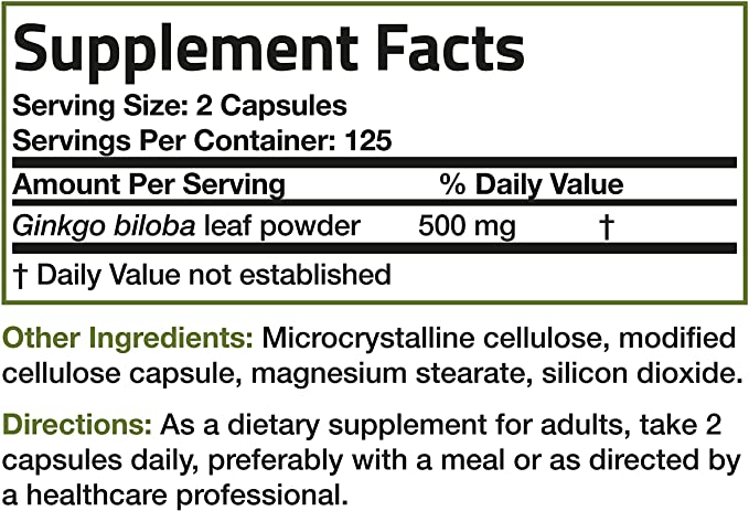 Bronson Ginkgo Biloba 500mg Extra Strength 500mg per Serving - Supports Brain Function and Memory Support, 250 Vegetarian Capsules
