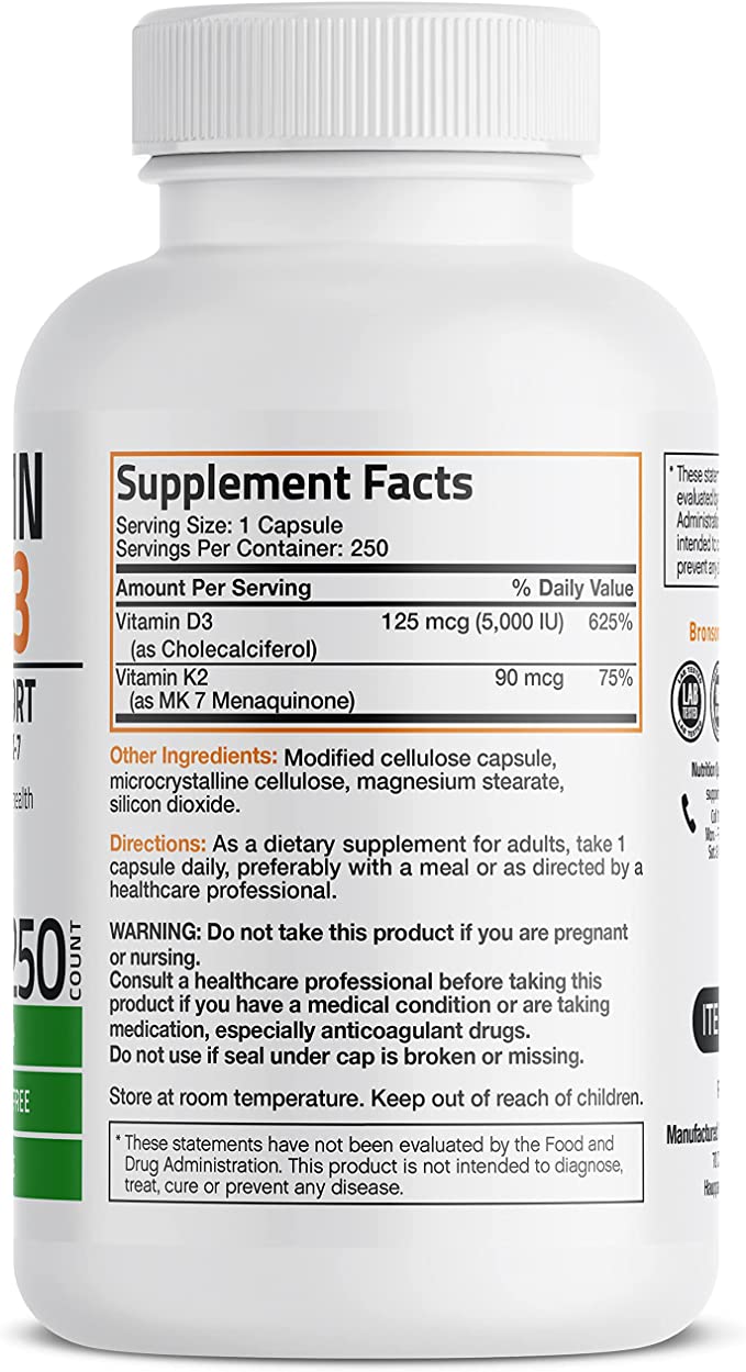 Bronson Vitamin K2 (MK7) with D3 Supplement Non-GMO Formula 5000 IU Vitamin D3 and 90 mcg Vitamin K2 MK-7 Easy to Swallow Vitamin D and K Complex, 250 Capsules