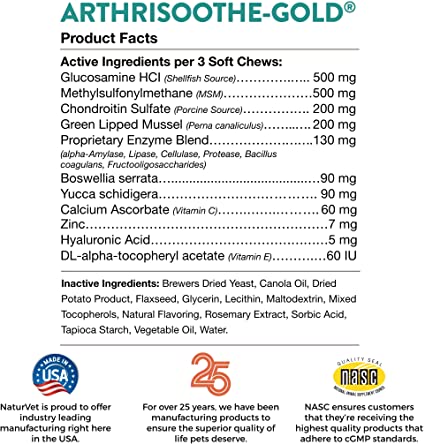NaturVet Arthrisoothe Glucosamine for Dogs – Dog Supplement with Glucosamine, MSM, Chondroitin and Hyaluronic Acid – ArthriGold Level 3 – 240 Soft Chews