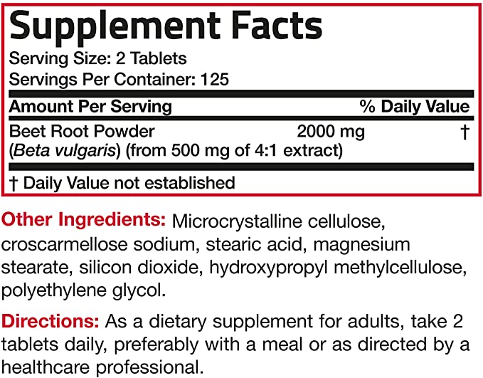 Bronson Beet Root 2000mg Extra Strength 2000mg Per Serving, Promotes Healthy Circulation Supports Heart Health and Stamina, Non-GMO, 250 Vegetarian Tablets