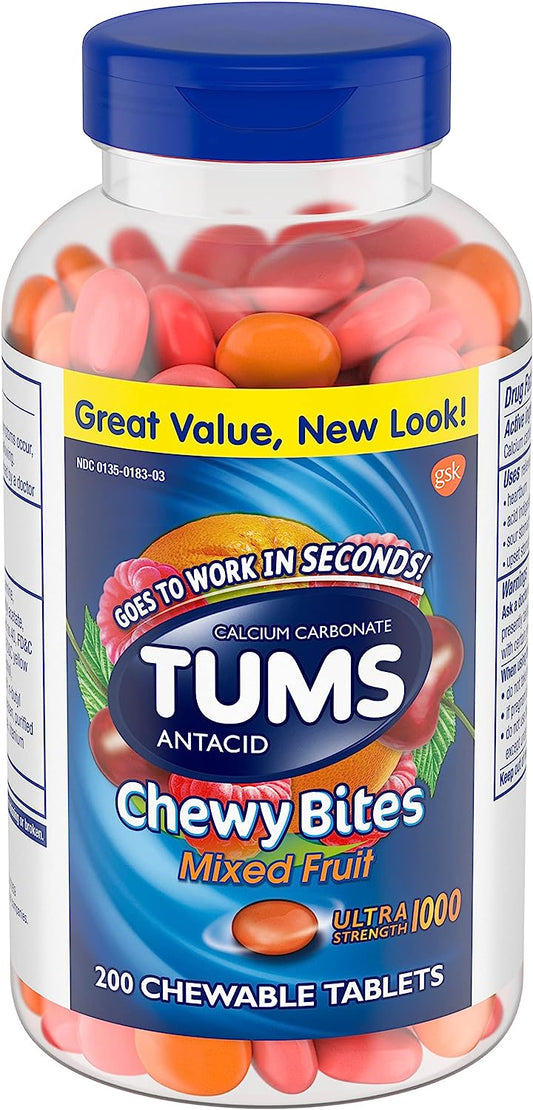 TUMS Chewable Bites Ultra Strength Antacid Tablets for Heartburn Relief and Acid Reducer Indigestion Relief, Mixed Fruit, 200 Count