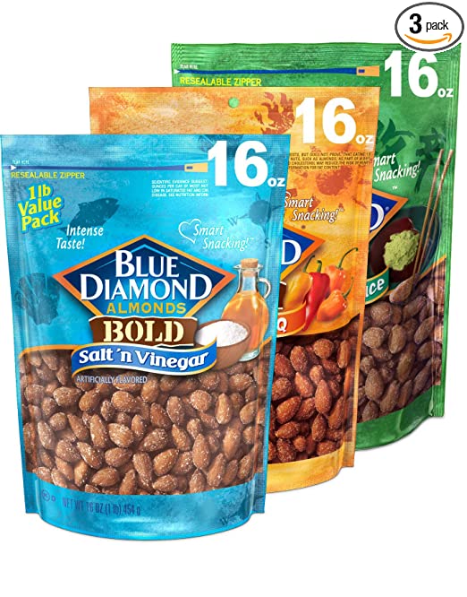 Blue Diamond Almonds Bold Variety Pack - Salt N' Vinegar, Habanero BBQ, and Wasabi and Soy Sauce Flavored Snack Nuts, 16 Oz Resealable Bags (Pack of 3)