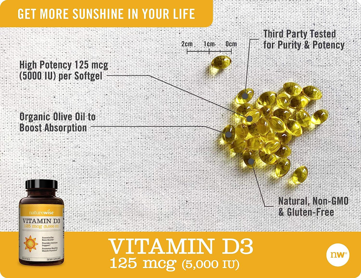 NatureWise Vitamin D3 5000iu (125 mcg) 1 Year Supply for Healthy Muscle Function, and Immune Support, Non-GMO, Gluten Free in Cold-Pressed Olive Oil, Packaging Vary ( Mini Softgel), 360 Count Visit the NatureWise Store