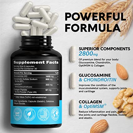 NUTRAHARMONY Glucosamine Chondroitin with Collagen - Joint Support Supplement - Made in USA Vitamins - 2800 MG, 120 Capsules - Cartilage Support, Flexibility and Strength - Non GMO, Gluten Free
