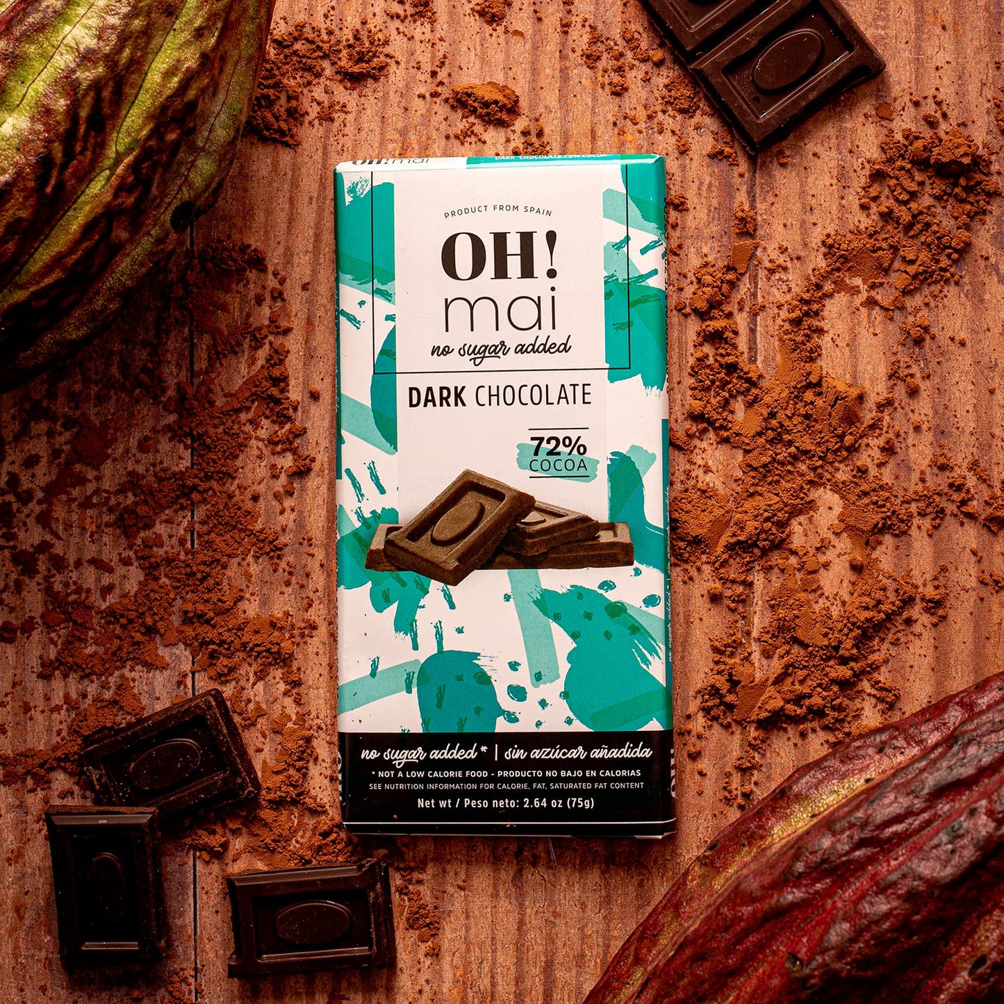 OH! Mai Dark Chocolate Bar 72% Cocoa 2.64 oz -  No Sugar Added, Gluten Free Healthy Snack, Made in Spain (Pack of 12)