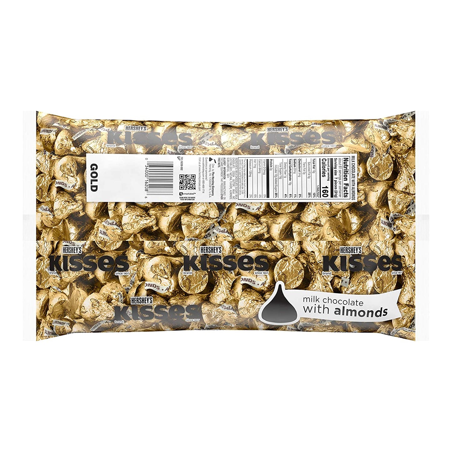 HERSHEY'S KISSES Gold Foils Milk Chocolate with Almonds Candy, Individually Wrapped, 66.7 oz Bulk Bag (400 Pieces)